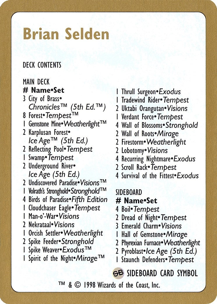 Image for 1998 Brian Selden Decklist Card (World Championship Decks) - Magic: The Gathering