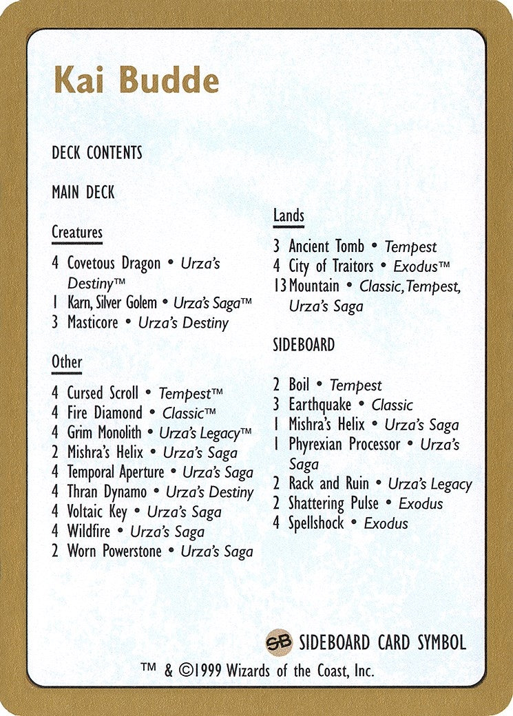 Image for 1999 Kai Budde Decklist Card (World Championship Decks) - Magic: The Gathering