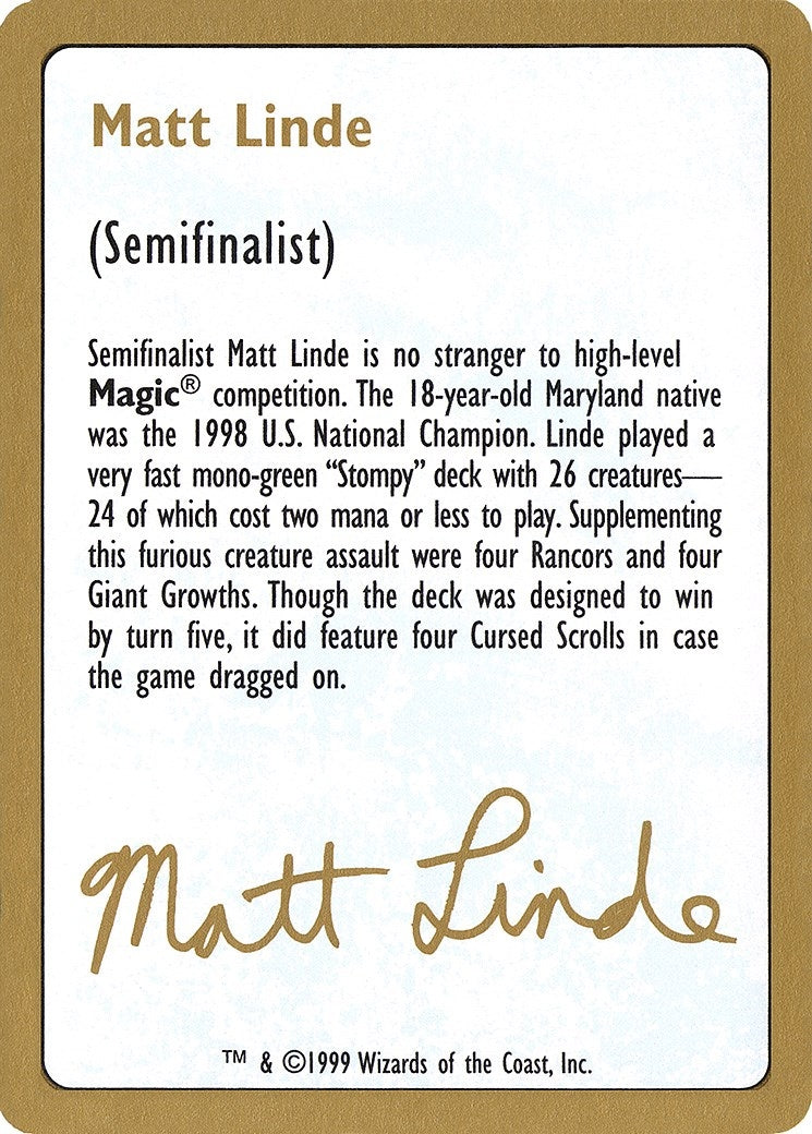 Image for 1999 Matt Linde Biography Card (World Championship Decks) - Magic: The Gathering