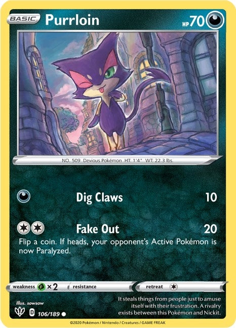 Image for Purrloin (106/189) (SWSH03: Darkness Ablaze) - Pokemon