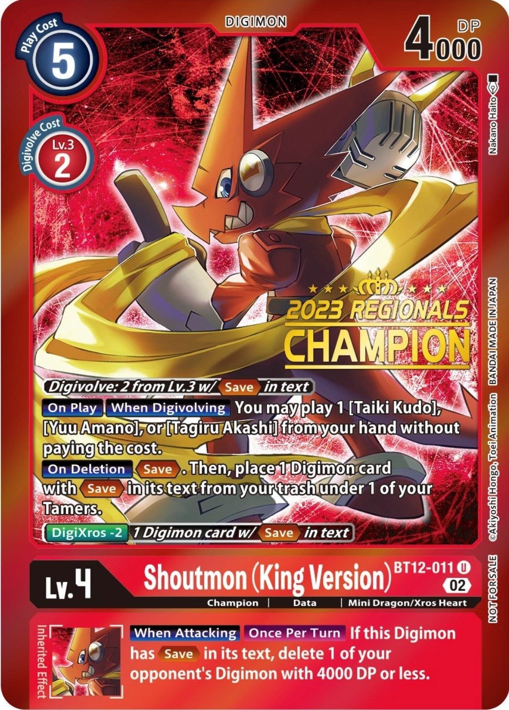 Image for Shoutmon (King Version) (2023 Regionals Champion) (BT12-011 U) (Across Time) - Digimon Card Game