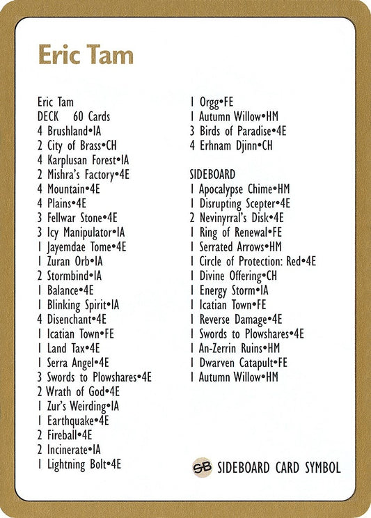 Image for 1996 Eric Tam Decklist Card (World Championship Decks) - Magic: The Gathering