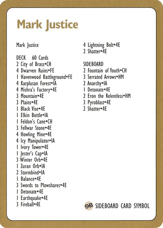 Image for 1996 Mark Justice Decklist Card (World Championship Decks) - Magic: The Gathering
