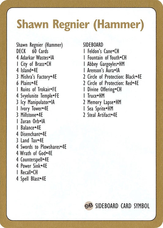 Image for 1996 Shawn "Hammer" Regnier Decklist Card (World Championship Decks) - Magic: The Gathering