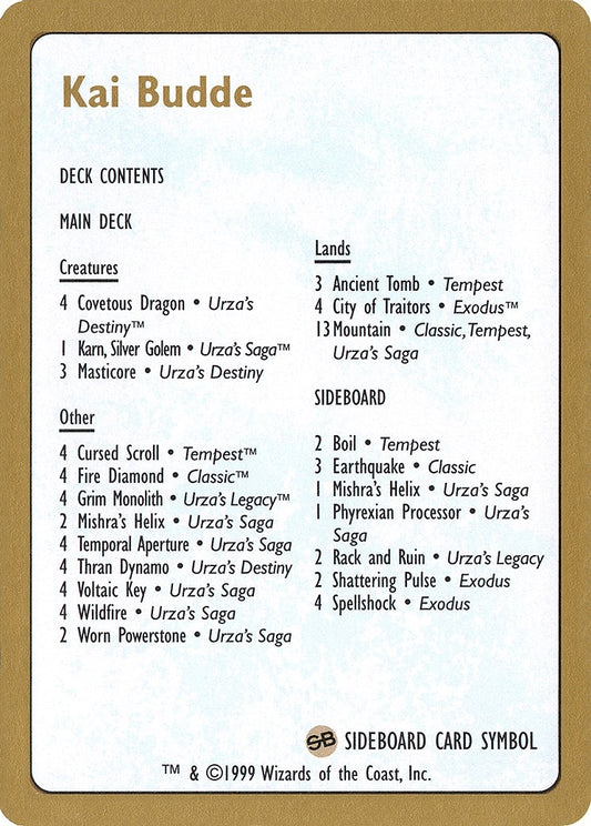 Image for 1999 Kai Budde Decklist Card (World Championship Decks) - Magic: The Gathering