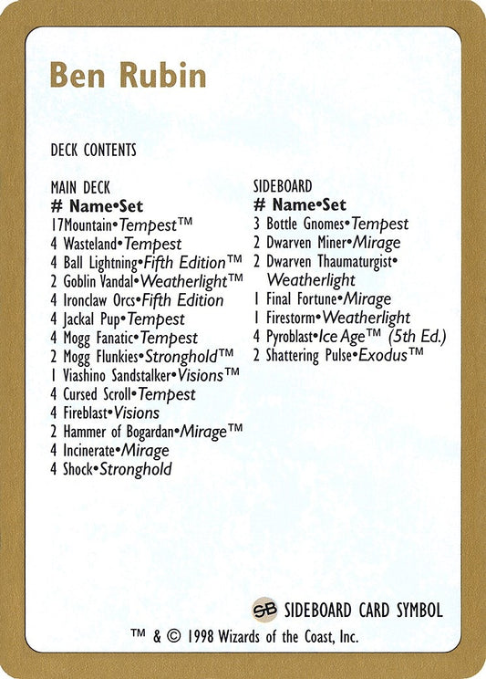 Image for 1998 Ben Rubin Decklist Card (World Championship Decks) - Magic: The Gathering