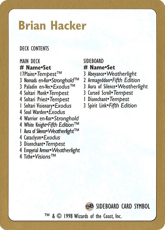 Image for 1998 Brian Hacker Decklist Card (World Championship Decks) - Magic: The Gathering