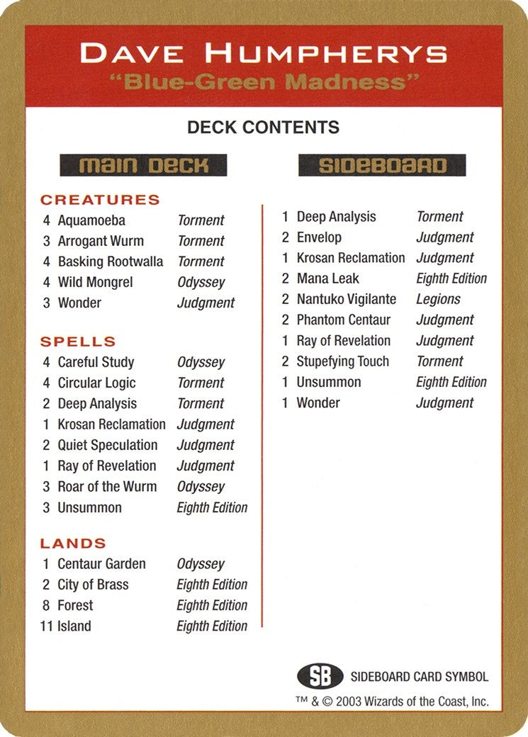 Image for 2003 Dave Humpherys Decklist Card (World Championship Decks) - Magic: The Gathering