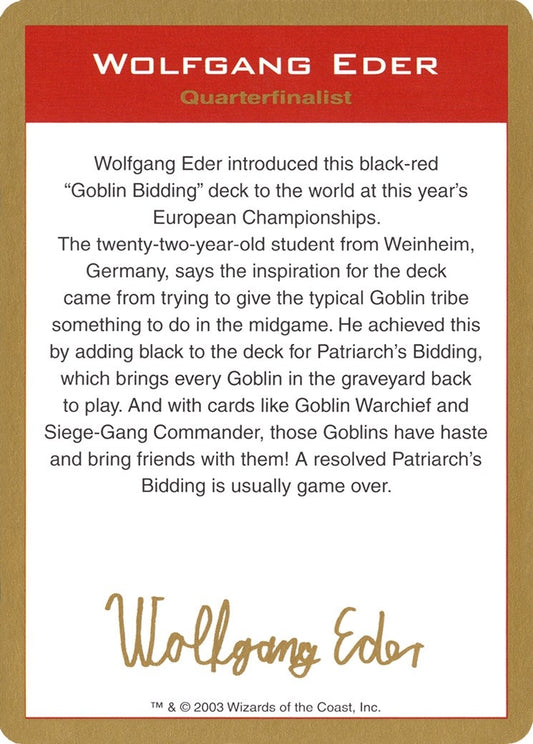 Image for 2003 Wolfgang Eder Biography Card (World Championship Decks) - Magic: The Gathering