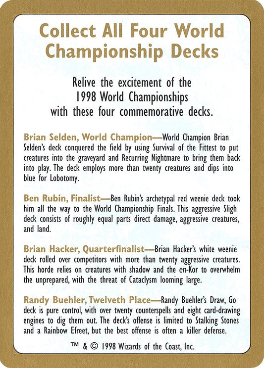 Image for 1998 World Championship Advertisement Card (World Championship Decks) - Magic: The Gathering