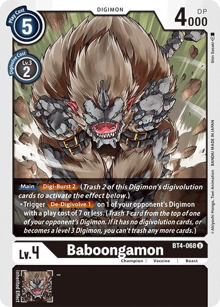Image for Baboongamon (BT4-068 U) (Great Legend) - Digimon Card Game