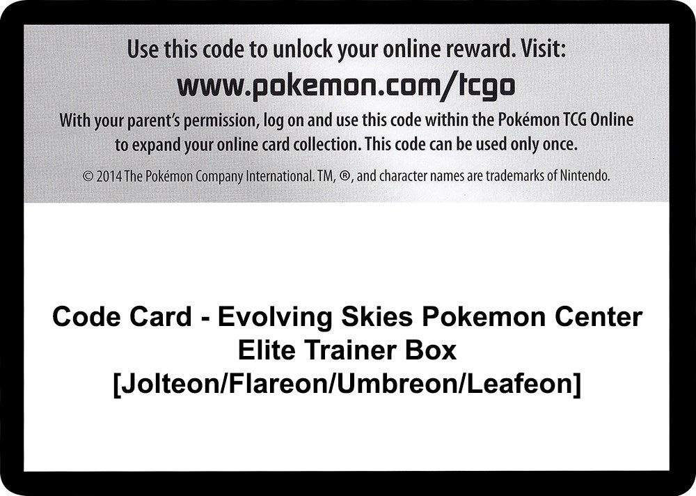 Image for Code Card - Evolving Skies Pokemon Center Elite Trainer Box [Jolteon/Flareon/Umbreon/Leafeon] (SWSH07: Evolving Skies) - Pokemon