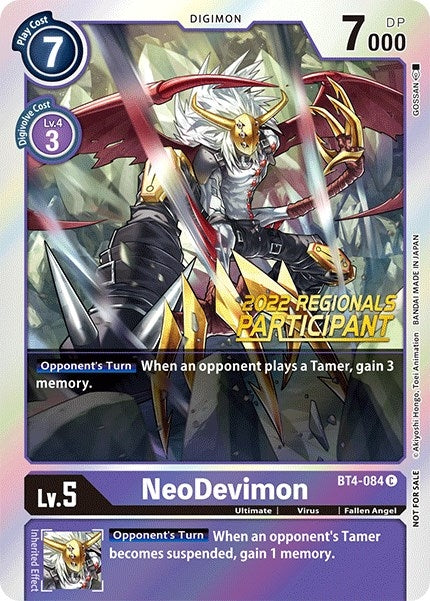 Image for NeoDevimon (2022 Championship Online Regional) [Online Participant] (BT4-084 C) (Great Legend) - Digimon Card Game