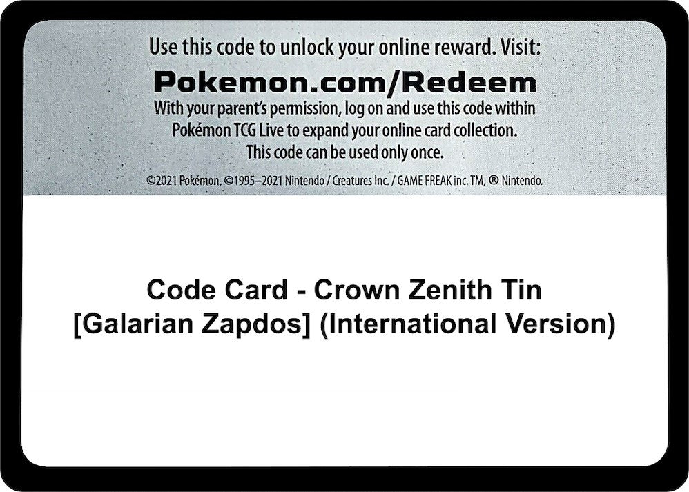 Image for Code Card - Crown Zenith Tin [Galarian Zapdos] (International Version) (Crown Zenith) - Pokemon