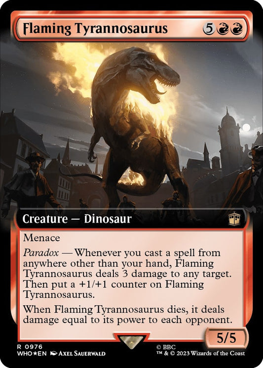 Image for Flaming Tyrannosaurus (Extended Art) (Surge Foil) (976) (Universes Beyond: Doctor Who) - Magic: The Gathering