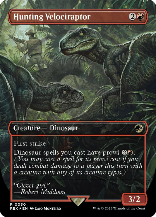 Image for Hunting Velociraptor (Borderless) (Emblem) (30) (Universes Beyond: Jurassic World Collection) - Magic: The Gathering