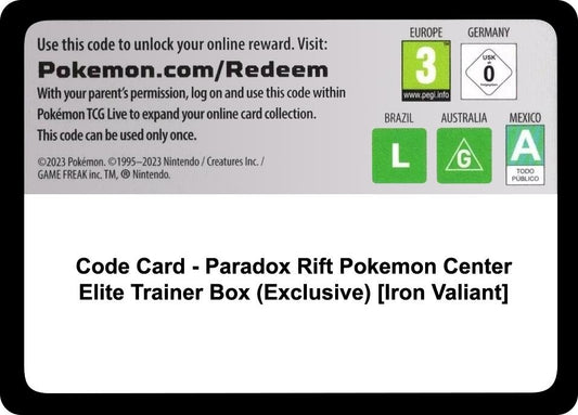 Image for Code Card - Paradox Rift Pokemon Center Elite Trainer Box (Exclusive) [Iron Valiant] (SV04: Paradox Rift) - Pokemon