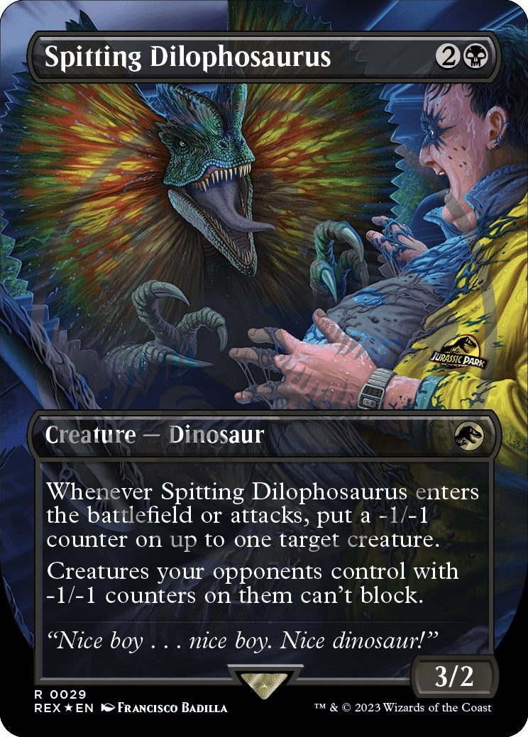 Image for Spitting Dilophosaurus (Borderless) (Emblem) (29) (Universes Beyond: Jurassic World Collection) - Magic: The Gathering