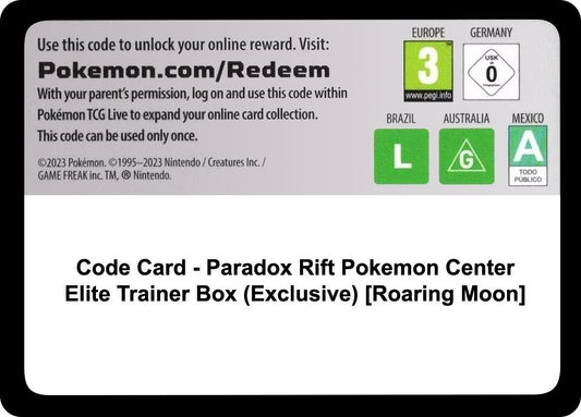 Image for Code Card - Paradox Rift Pokemon Center Elite Trainer Box (Exclusive) [Roaring Moon] (SV04: Paradox Rift) - Pokemon