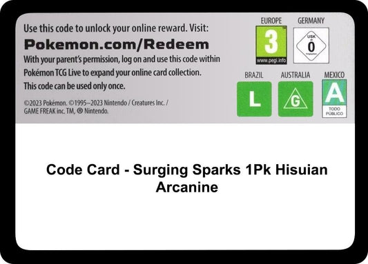 Image for Code Card - Surging Sparks Blister [Hisuian Arcanine] (SV08: Surging Sparks) - Pokemon